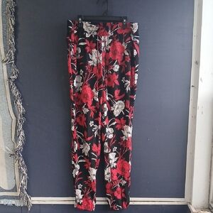 Floral Print Black Pants in Red and White